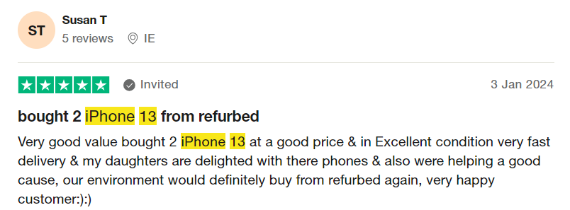 Review of the refurbished iPhone 13 on TrustPilot