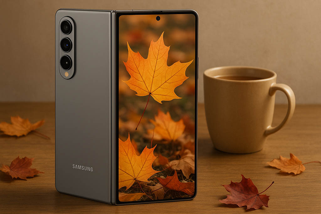 Galaxy Z Fold aperto su un tavolo in legno, accanto a una tazza e foglie autunnali