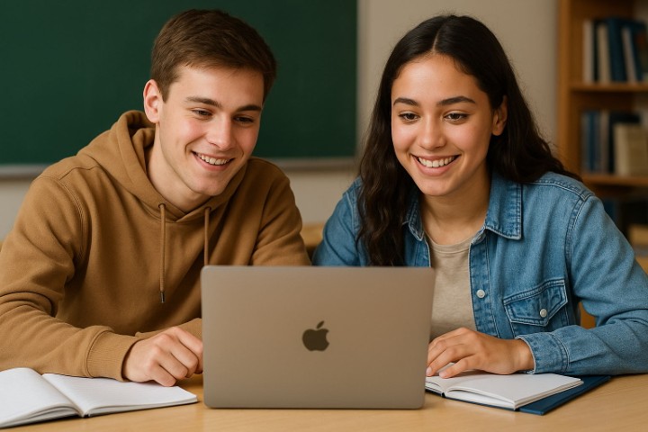 Due studenti utilizzano un MacBook ricondizionato, un portatile perfetto anche per i più piccoli studenti.