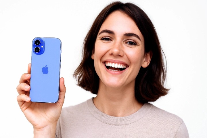 Lächelnde Person hält ein blaues refurbished iPhone 16 in der Hand und freut sich über den günstigen Preis (AI)