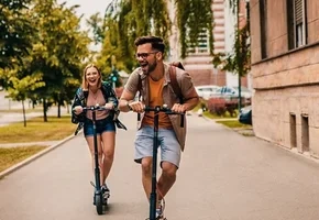 Familie på scootere og cykler udendørs