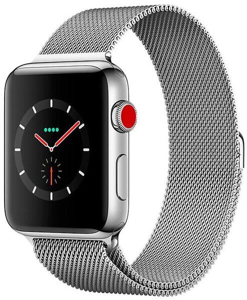 Apple Watch Series 3 (2017) | 38 mm | Edelstahl | GPS + Cellular | silber | Milanaise Armband weiß