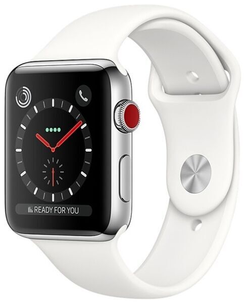 Apple Watch Series 3 (2017) | 38 mm | Edelstahl | GPS + Cellular | silber | Sportarmband weiß
