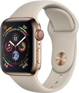 Apple Watch Series 4 (2018) | 40 mm | Acero inoxidable | GPS + Cellular | dorado | Correa deportiva beige, image 1 of 1