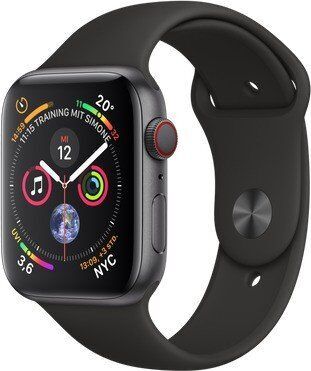 Apple Watch Series 4 (2018) | 44 mm | alumínio | GPS + Cellular | cinzento | bracelete desportiva preta
