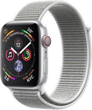 Apple Watch Series 4 (2018) | 44 mm | Alumiini | GPS + Cellular | hopea | Sport Loop valkoinen