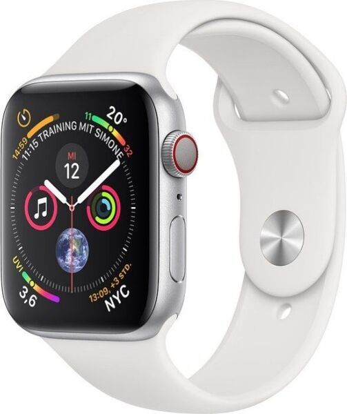 Apple Watch Series 4 (2018) | 44 mm | alumínio | GPS + Cellular | prateado | bracelete desportiva branca
