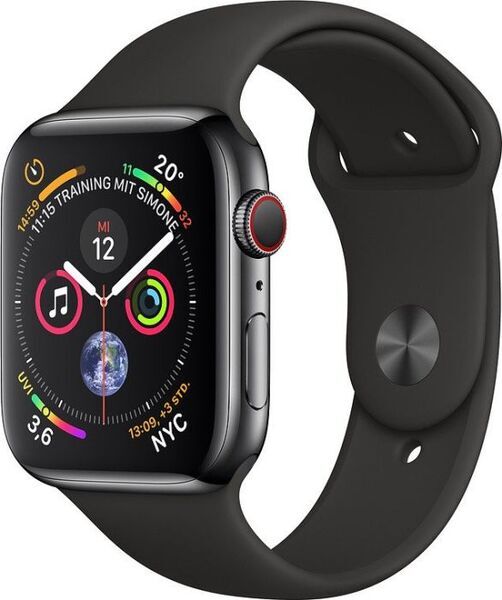 Apple Watch Series 4 (2018) | 44 mm | Stal szlachetna | GPS + Cellular | czarny | Pasek sportowy w kolorze czarny