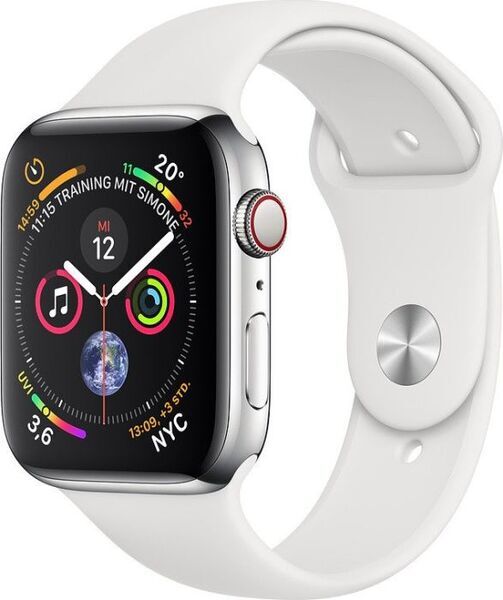 Apple Watch Series 4 (2018) | 44 mm | aço inoxidável | GPS + Cellular | prateado | bracelete desportiva branca