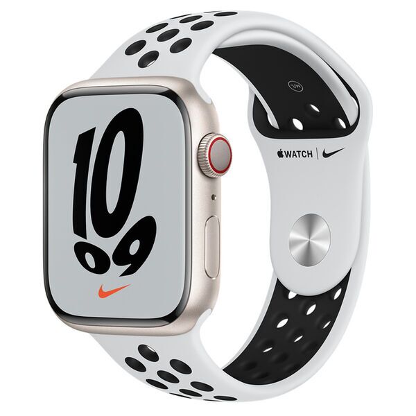Apple Watch Nike Series 7 Aluminum 45 mm (2021) | GPS + Cellular | Starlight | Sport Band Pure Platinum