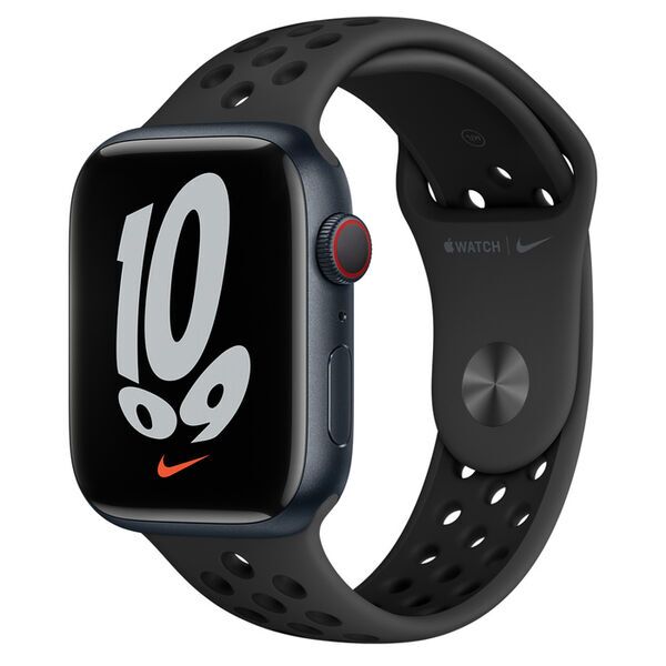 Apple Watch Nike Series 7 Aluminium 45 mm (2021) | GPS + Cellular | Północ | Pasek sportowy w kolorze czarny