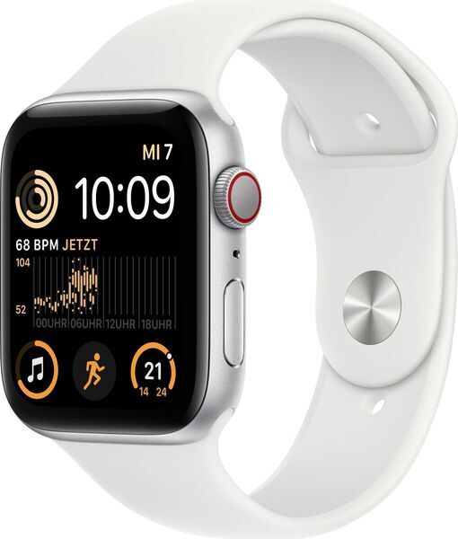 Apple Watch SE 44 mm (2022) | GPS + Cellular | srebrny | Pasek sportowy w kolorze biały M/L