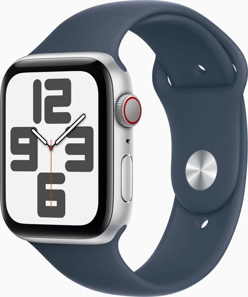 Apple Watch SE 44 mm (2022) | GPS + Cellular | prateado | bracelete desportiva Azul tempestade S/M