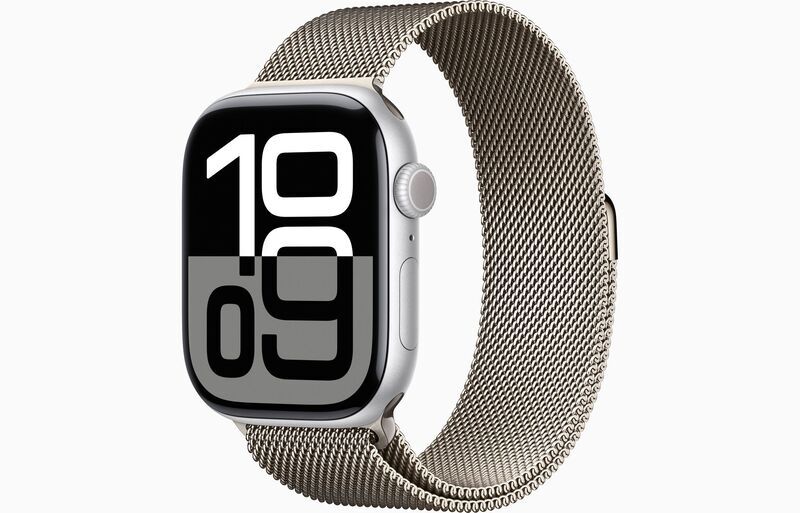 Apple Watch Series 10 Aluminium 46 mm (2024) | GPS + Cellular | Argent | Boucle Milanaise S/M | Naturel, image 1 of 1