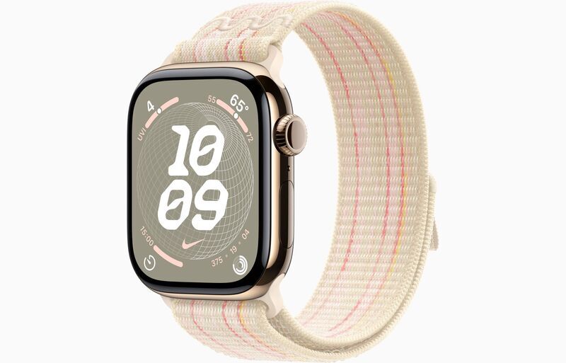 Apple Watch Series 10 Titanium 42 mm (2024) | GPS + Cellular | Gold | Nike Sport Loop | Starlight/Pink, image 1 of 1