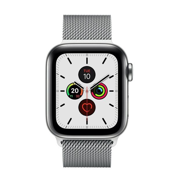 Apple Watch Series 5 (2019) | 40 mm | Edelstahl | GPS + Cellular | silber | Milanaise Armband silber