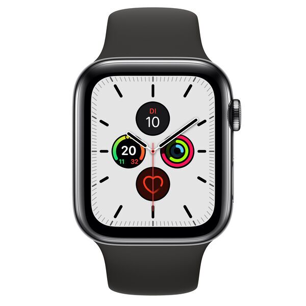 Apple Watch Series 5 (2019) | 44 mm | Stal szlachetna | GPS + Cellular | czarny | Pasek sportowy w kolorze czarny