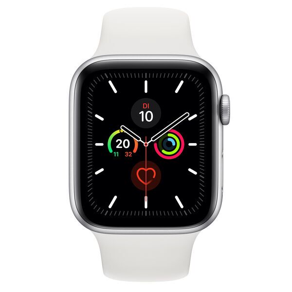Apple Watch Series 5 (2019) | 44 mm | Aluminium | GPS + Cellular | zilver | Sportbandje wit
