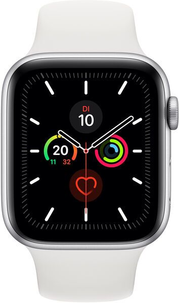Apple Watch Series 5 (2019) | 44 mm | Aluminum | GPS + Cellular | silver | Sport Band white