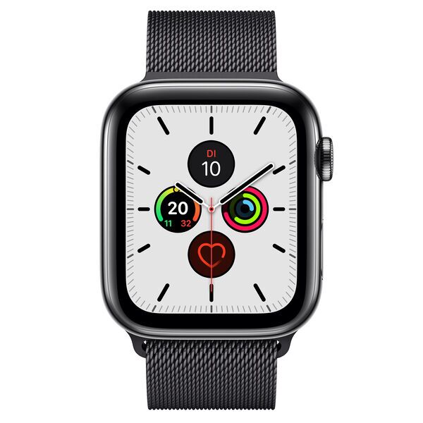 Apple Watch Series 5 (2019) | 44 mm | Edelstahl | GPS + Cellular | schwarz | Milanaise Armband schwarz