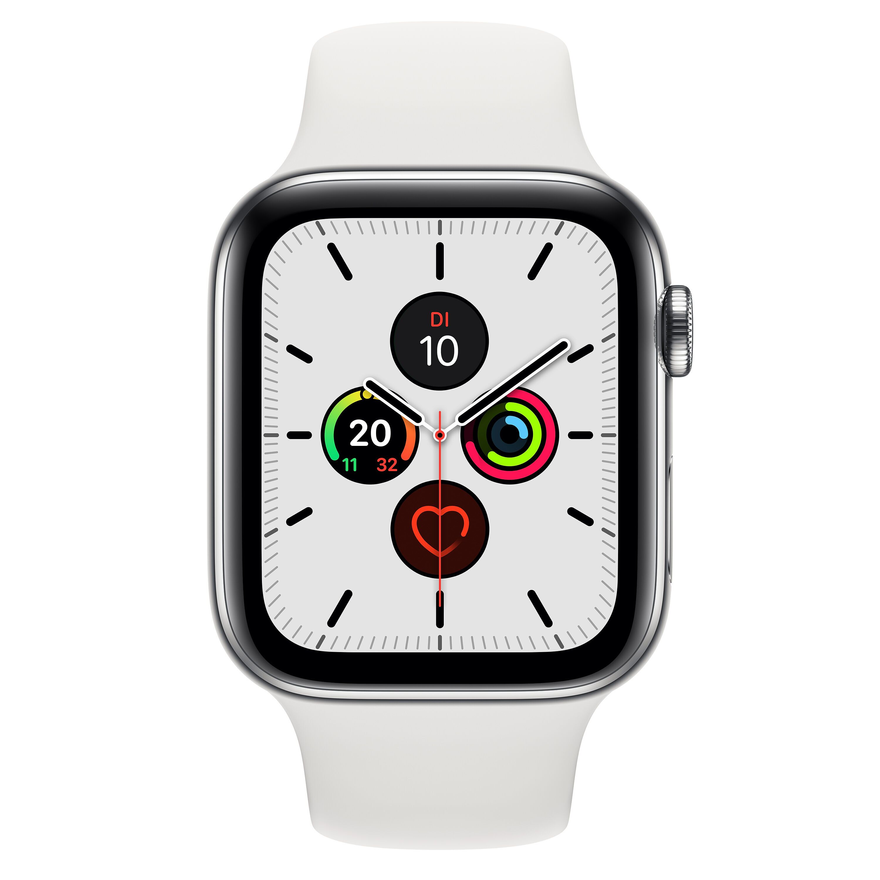 Apple Watch Series 5 (2019) 44 mm Edelstahl GPS + Cellular silber Sportarmband weiß