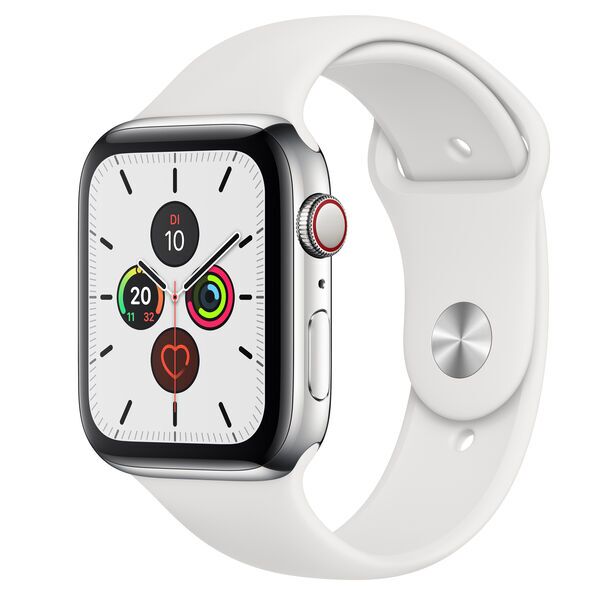 Apple Watch Series 5 (2019) | 44 mm | Edelstahl | GPS + Cellular | silber | Sportarmband weiß 2
