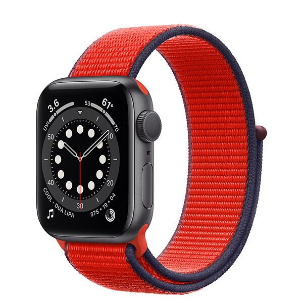 Apple Watch Series 6 Aluminium 44 mm (2020) | GPS + Cellular | Gris Sidéral | Boucle Sport rouge, image 1 of 2