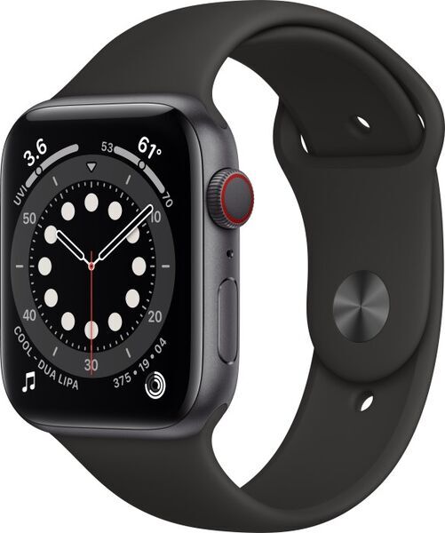 Apple Watch Series 6 Aluminium 44 mm (2020) | GPS + Cellular | gwiezdna szarość | Pasek sportowy w kolorze czarny