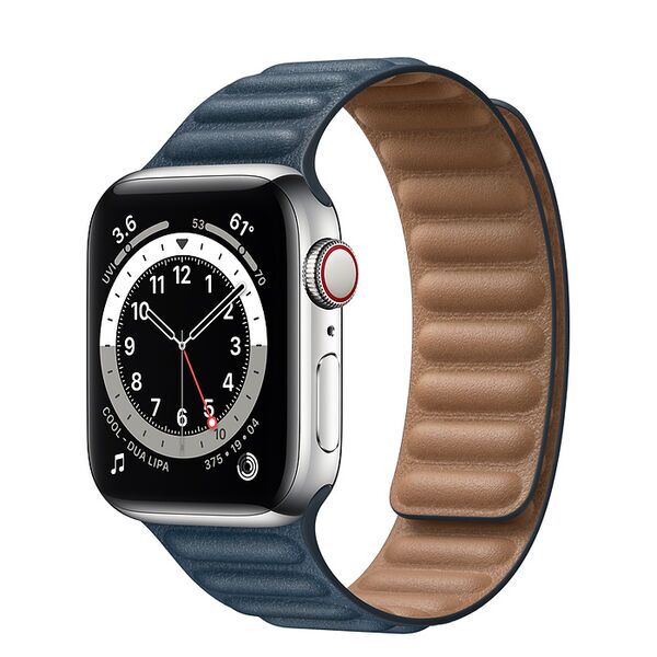 Apple Watch Series 6 Acciaio inossidabile 40 mm (2020) | argento | Cinturino in pelle con pezzo finale M/L blu Baltico