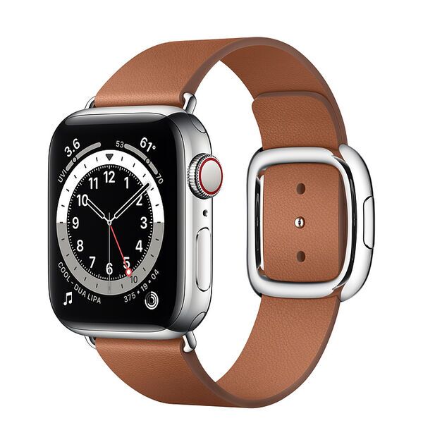 Apple Watch Series 6 Acciaio inossidabile 40 mm (2020) | Argento | Cinturino in pelle moderno Medium Marrone Sella, image 1 of 2