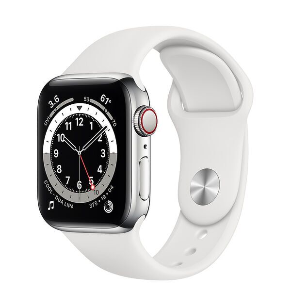 Apple Watch Series 6 Rustfrit stål 40 mm (2020) | sølv | Sportsrem hvid