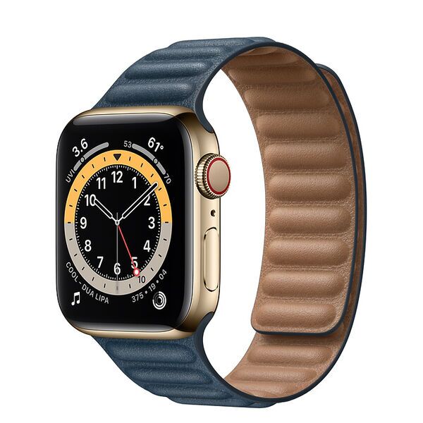 Apple Watch Series 6 Edelstahl 40 mm (2020) | gold | Lederarmband mit Endstück M/L Baltischblau