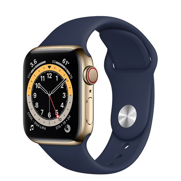 Apple Watch Series 6 Aço Inoxidável 44 mm (2020) | dourado | bracelete desportiva azul-marinho escura
