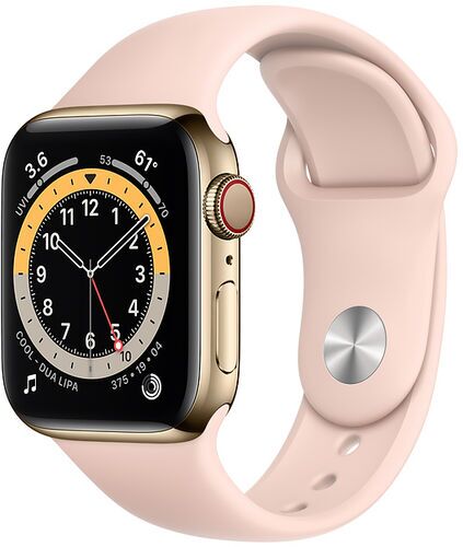 Väldigt bra: Apple Watch Series 6 Rostfritt stål 44 mm (2020) | guld | Sportband Sandrosa