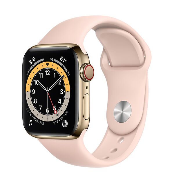 Apple Watch Series 6 Rustfrit stål 44 mm (2020) | guld | Sportsrem Sand lyserød