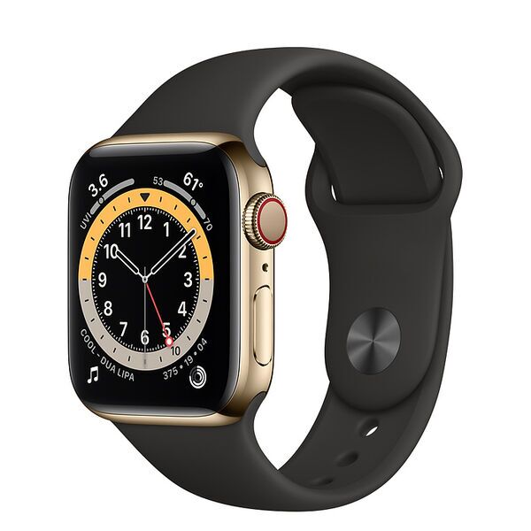 Apple Watch Series 6 Rustfrit stål 44 mm (2020) | guld | Sportsrem sort