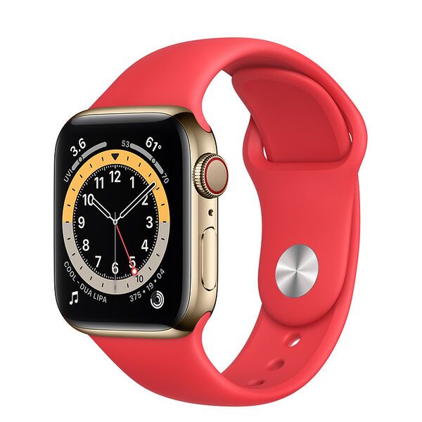 Apple Watch Series 6 Roestvrij Staal 44 mm (2020) | goud | Sportbandje rood