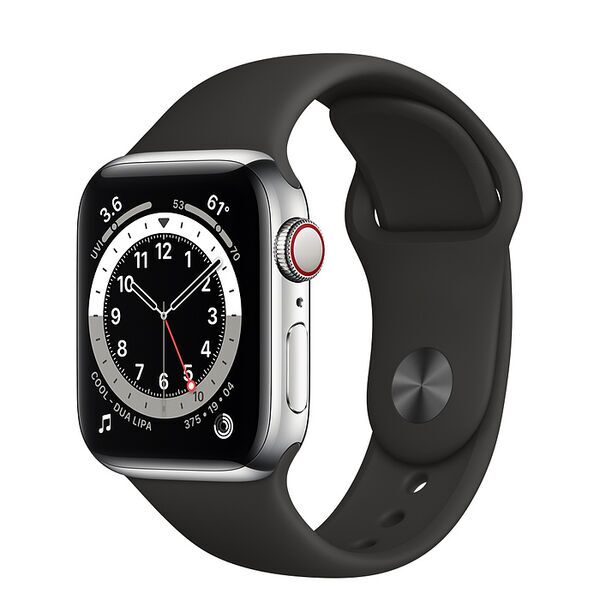 Apple Watch Series 6 Ruostumaton teräs 44 mm (2020) | hopea | Urheiluranneke musta