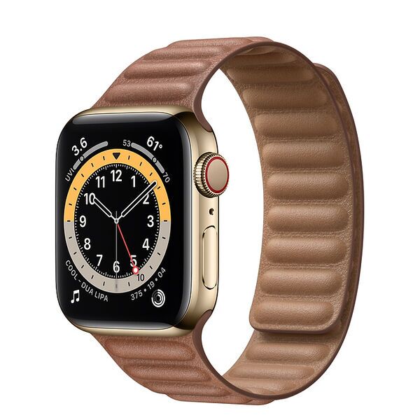Apple Watch Series 6 Неръждаема стомана 44 mm (2020) | gold | Кожена каишка с накрайник M/L Седлокафяв, image 1 of 2
