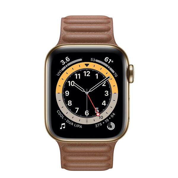 Apple Watch Series 6 Неръждаема стомана 44 mm (2020) | gold | Кожена каишка с накрайник M/L Седлокафяв, image 2 of 2