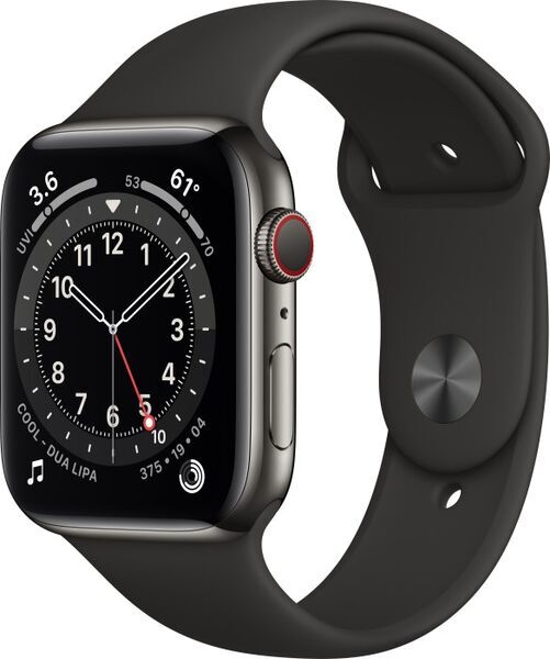 Apple Watch Series 6 Edelstahl 44 mm (2020) | graphit | Sportarmband schwarz