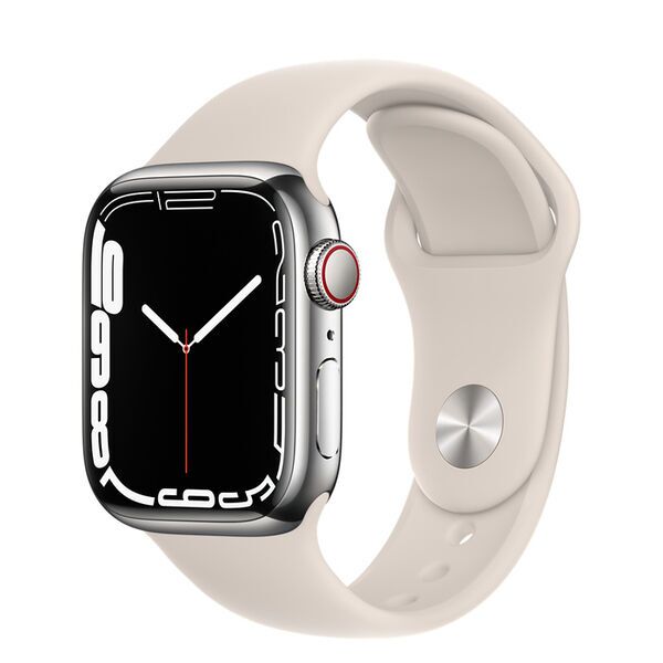 Apple Watch Series 7 Ruostumaton teräs 41 mm (2021) | GPS + Cellular | hopea | Urheiluranneke Starlight