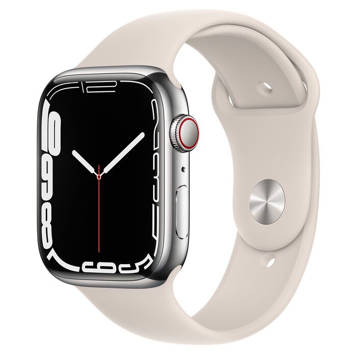 Apple Watch Series 7 Roestvrij staal 45 mm (2021) | GPS + Cellular | zilver | Sterrenlicht Sportbandje
