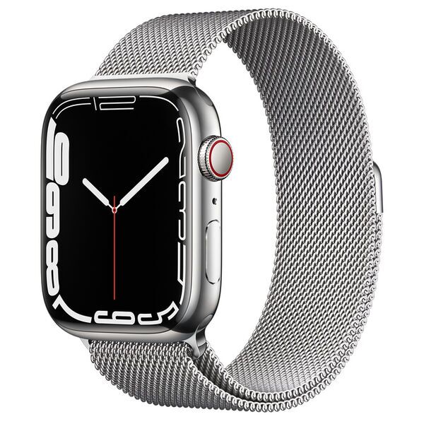 Apple Watch Series 7 Roestvrij staal 45 mm (2021) | GPS + Cellular | zilver | Milanees bandje zilver
