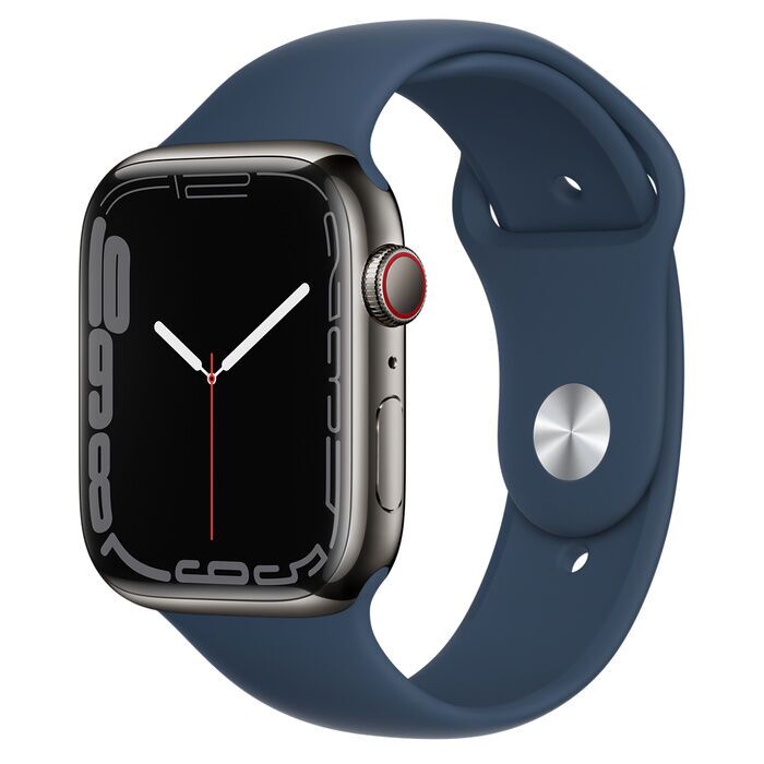 Apple Watch Series 7 Roestvrij staal 45 mm (2021) | GPS + Cellular | Grafiet | Abyss Blue sportbandje