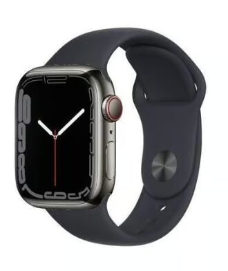 Apple Watch Series 7 Roestvrij staal 45 mm (2021) | GPS + Cellular | grafiet | Sportbandje Middernacht