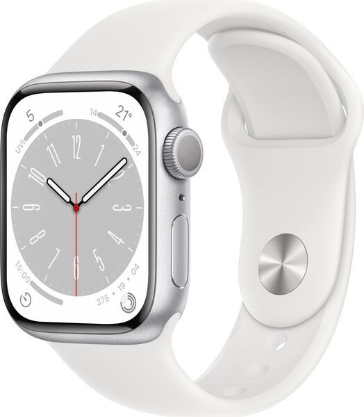 Apple Watch Series 8 Alumiini 41 mm (2022) | GPS | hopea | Urheiluranneke valkoinen S/M