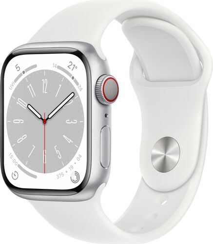 Väldigt bra: Apple Watch Series 8 Aluminium 41 mm (2022) | GPS + Cellular | silver | Sportband vit M/L