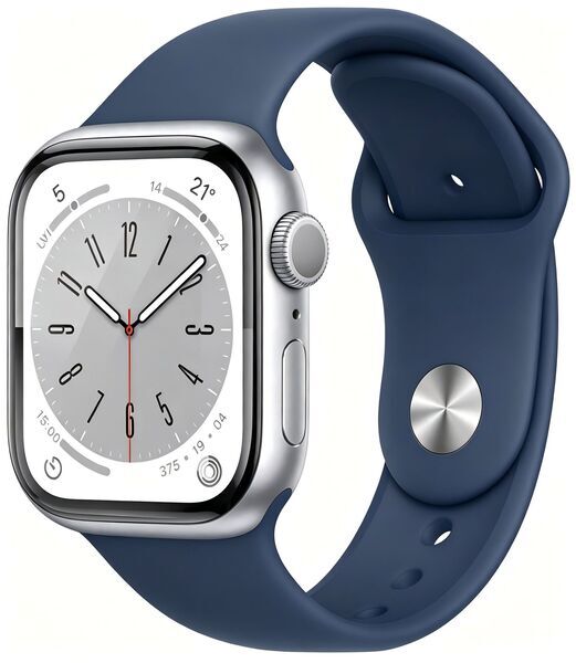 Apple Watch Series 8 Hliník 41 mm (2022) | GPS + Cellular | Strieborná | Modrý športový remienok S/M, image 1 of 1