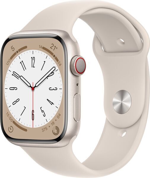 Apple Watch Series 8 Aluminium 45 mm (2022) | GPS + Cellular | Księżycowa poświata | Pasek sportowy w kolorze Księżycowa poświata M/L